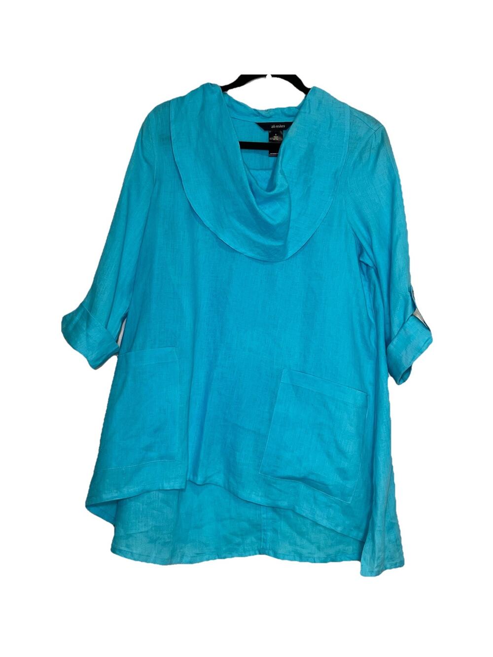 Ali Miles Tunic Top Size S Turquoise Blue 100% Linen Cowl Neck Lagenlook Coastal